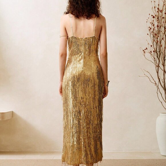 Gold Casual Women's Sequined Braided Sexy Party Cocktail Midi Dress - Picture 2 of 7